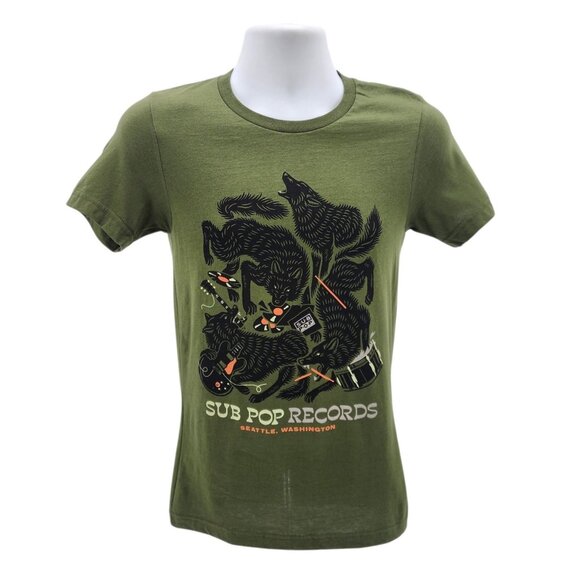 NEW Sub Pop Records Adult XS T-Shirt Wolves Olive Green Graphic Bella + Canvas - Picture 1 of 8